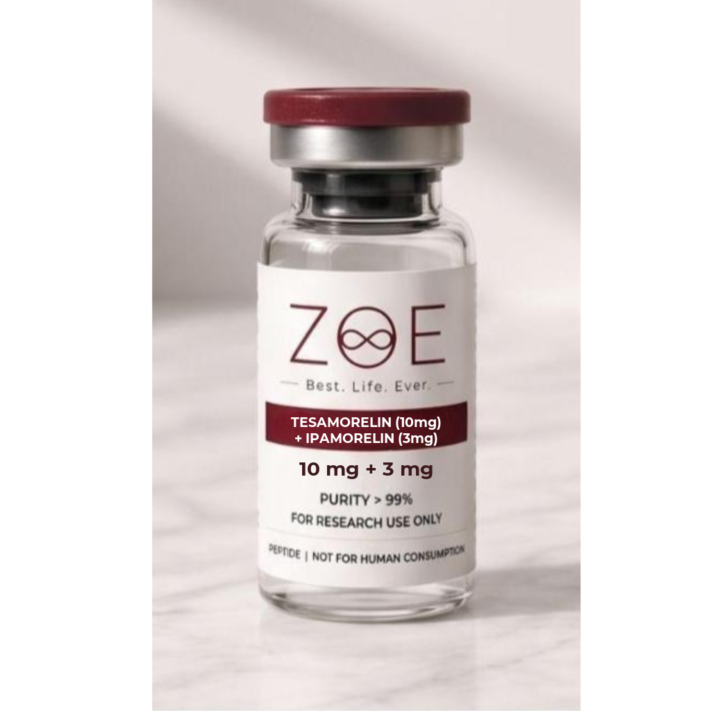 ZOE Premium Peptides - Tesamorelin (10mg) + Ipamorelin (3mg) Lyophilized Vial for Laboratory Research